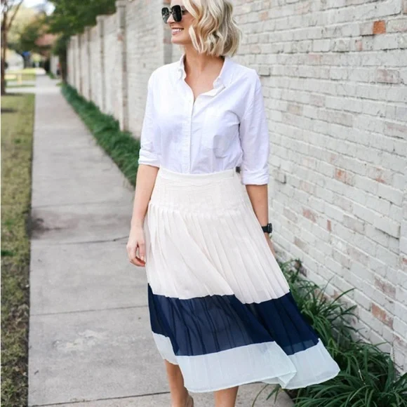 Club Monaco Cream and Blue Pleated Midi Skirt